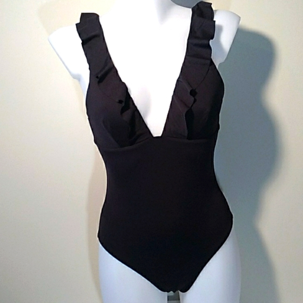 NWOT SEA LEVEL SWIM AUSTRALIA SWIMSUIT. BLACK PLUNGE NECK,RUFFLE STRAP